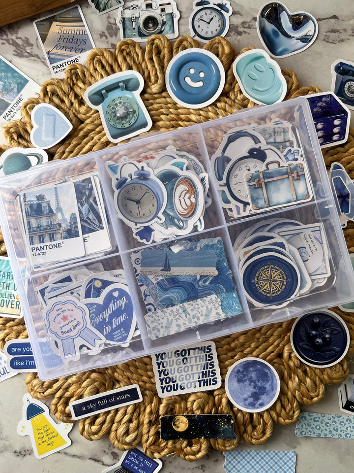 Blue bento journaling box with aesthetic blue stickers and bullet journal supplies – perfect for creative journaling and scrapbooking from Shop ABC
