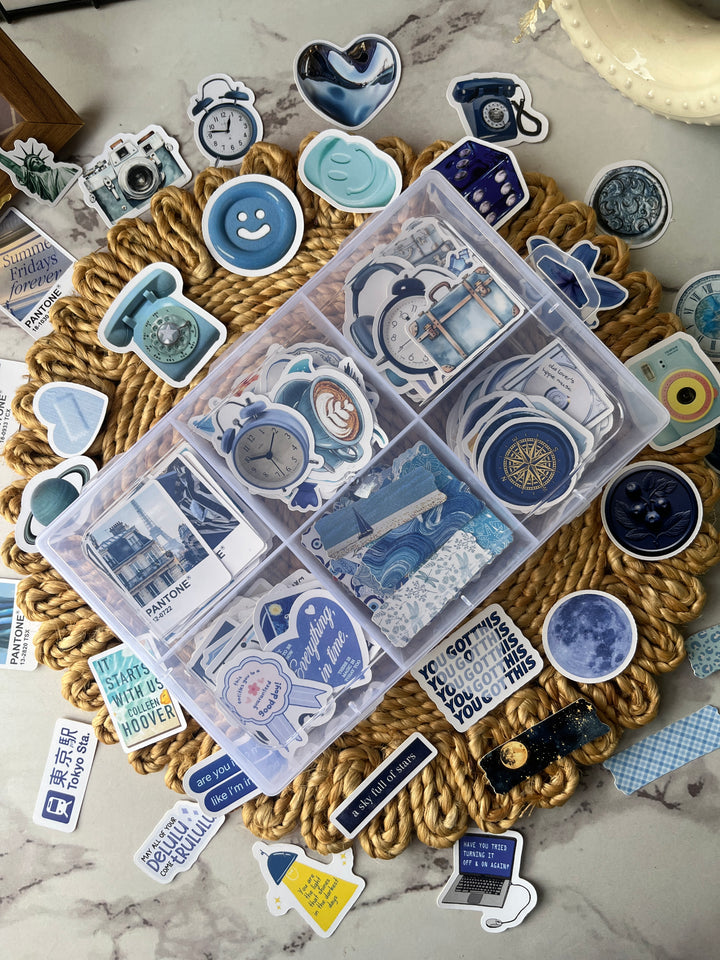 Blue bento journaling box with aesthetic blue stickers and bullet journal supplies – perfect for creative journaling and scrapbooking from Shop ABC