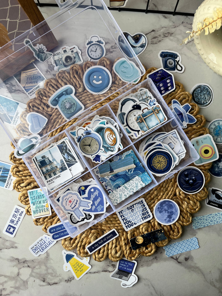 Blue bento journaling box with aesthetic blue stickers and bullet journal supplies – perfect for creative journaling and scrapbooking from Shop ABC