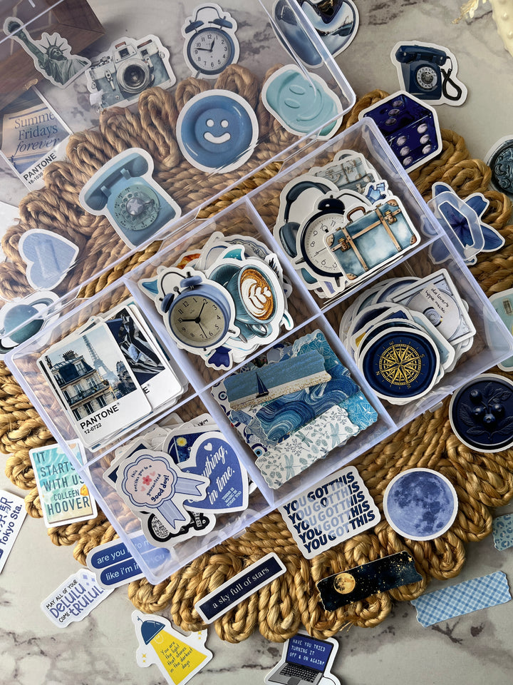 Blue bento journaling box with aesthetic blue stickers and bullet journal supplies – perfect for creative journaling and scrapbooking from Shop ABC