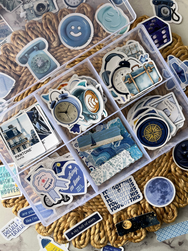 Blue bento journaling box with aesthetic blue stickers and bullet journal supplies – perfect for creative journaling and scrapbooking from Shop ABC