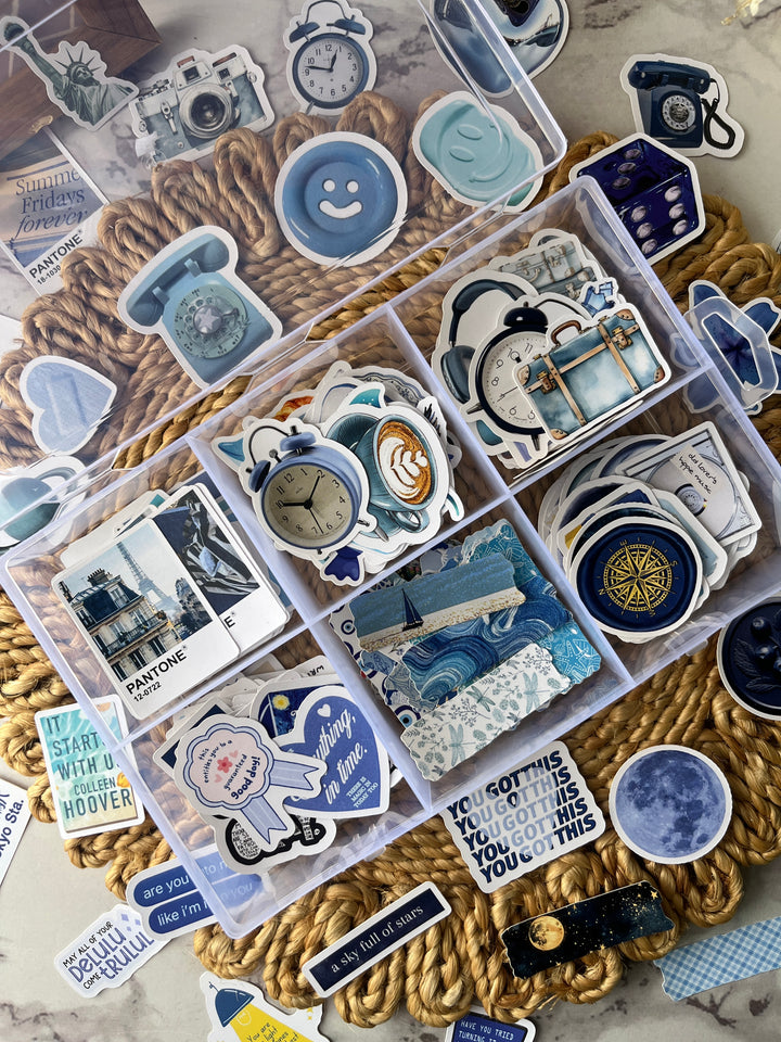 Blue bento journaling box with aesthetic blue stickers and bullet journal supplies – perfect for creative journaling and scrapbooking from Shop ABC
