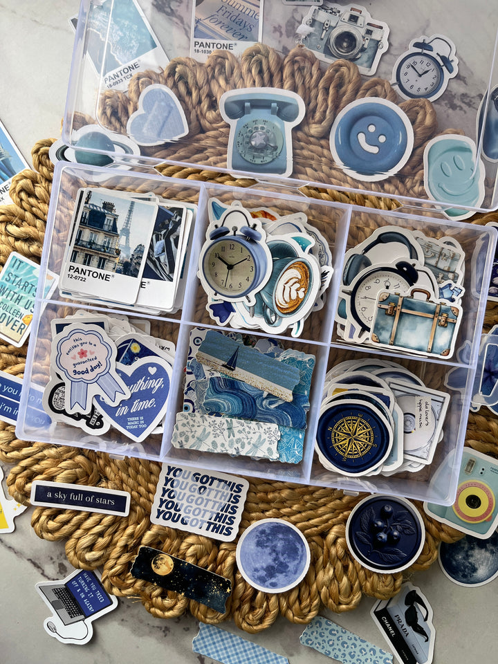 Blue bento journaling box with aesthetic blue stickers and bullet journal supplies – perfect for creative journaling and scrapbooking from Shop ABC
