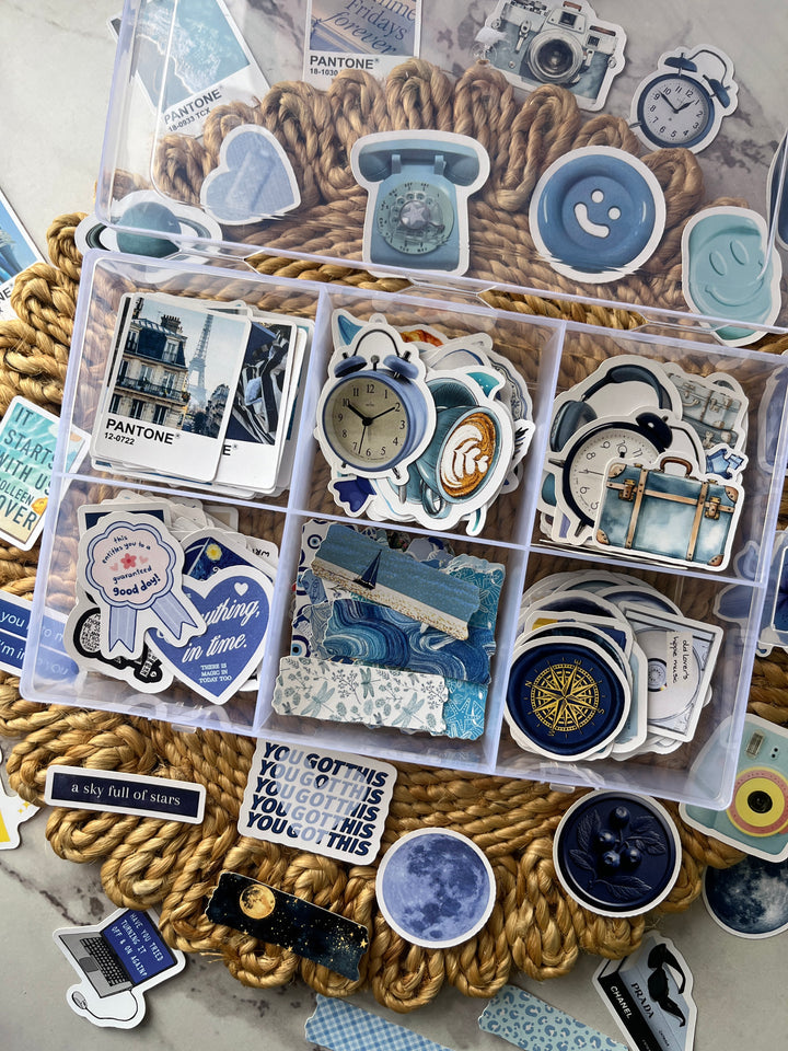 Blue bento journaling box with aesthetic blue stickers and bullet journal supplies – perfect for creative journaling and scrapbooking from Shop ABC