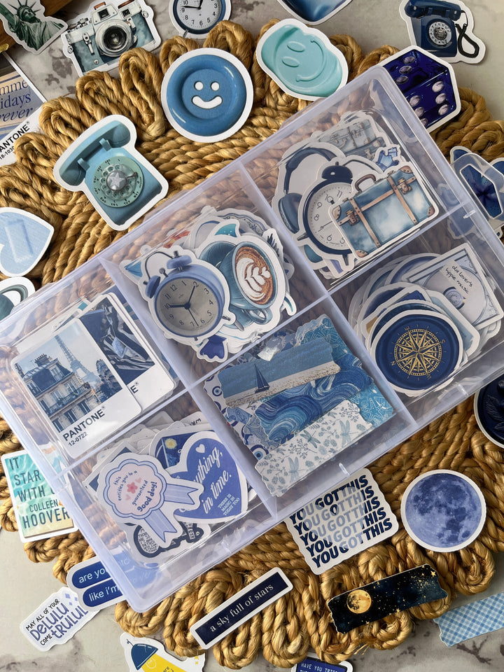Blue bento journaling box with aesthetic blue stickers and bullet journal supplies – perfect for creative journaling and scrapbooking from Shop ABC