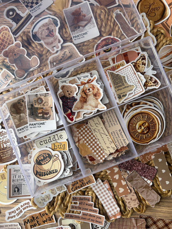 Brown bento journaling box with aesthetic brown stickers and journaling supplies – perfect for bullet journaling and scrapbooking from Shop ABC
