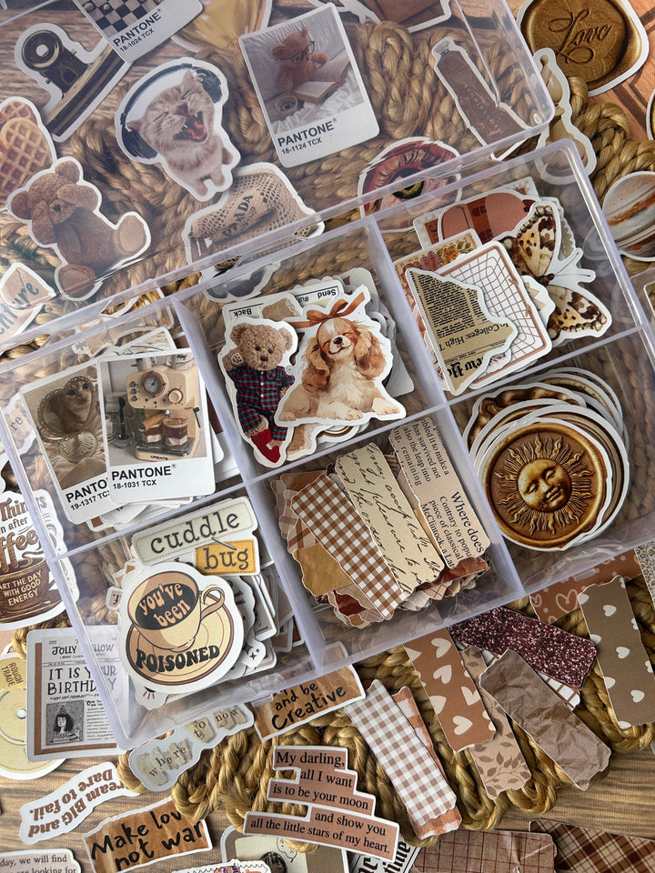 Brown bento journaling box with aesthetic brown stickers and journaling supplies – perfect for bullet journaling and scrapbooking from Shop ABC