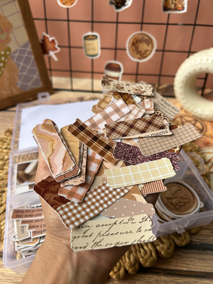 Brown bento journaling box with aesthetic brown stickers and journaling supplies – perfect for bullet journaling and scrapbooking from Shop ABC