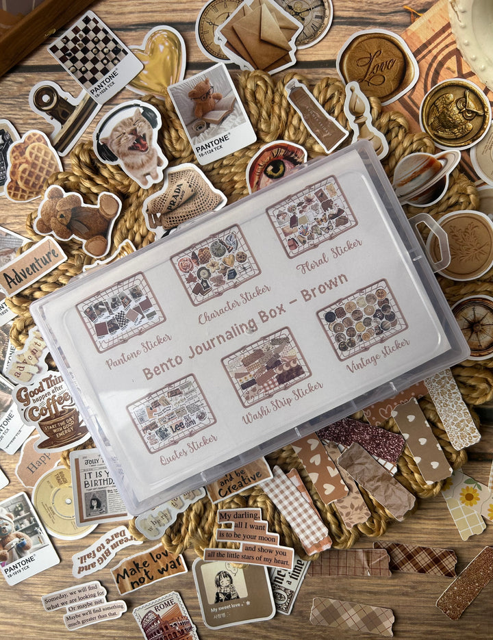 Brown bento journaling box with aesthetic brown stickers and journaling supplies – perfect for bullet journaling and scrapbooking from Shop ABC