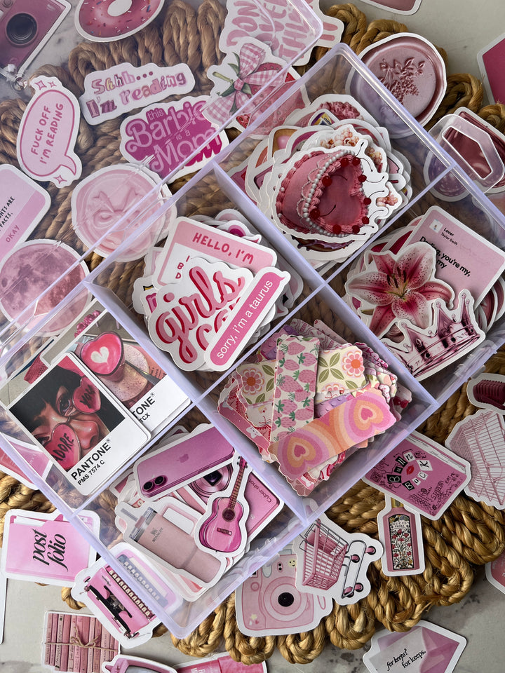 Pink bento journaling box with cute pink aesthetic stickers and pastel bullet journal supplies – perfect for journaling and scrapbooking from Shop ABC