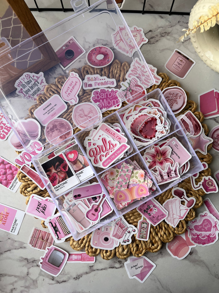 Pink bento journaling box with cute pink aesthetic stickers and pastel bullet journal supplies – perfect for journaling and scrapbooking from Shop ABC
