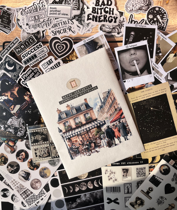 Black retro aesthetic kit with grunge vintage stickers and journaling supplies from Shop ABC