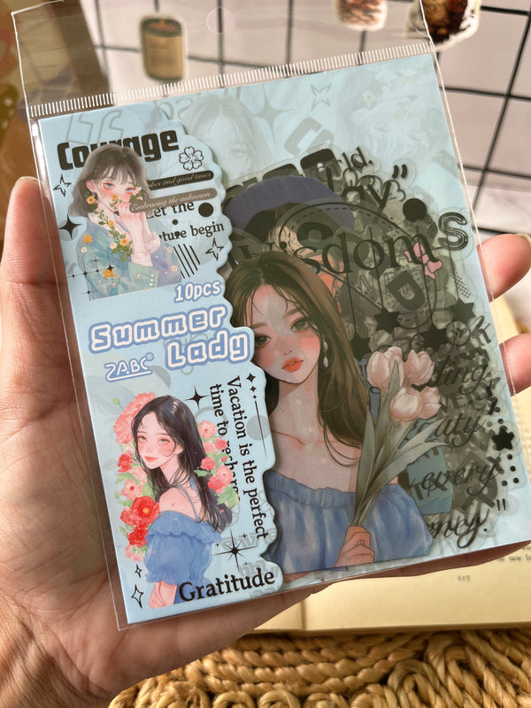Floral collage girl PET stickers - variant 02