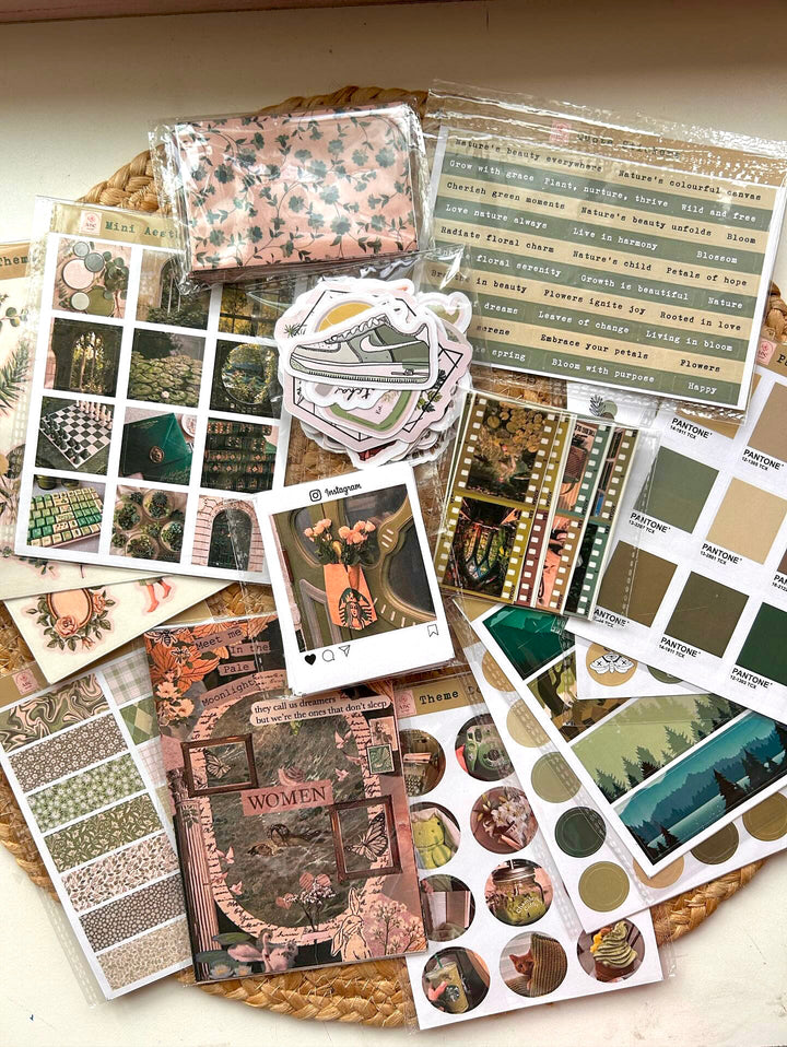 Green retro journaling kit with nature theme vintage stickers and paper by Shop ABC