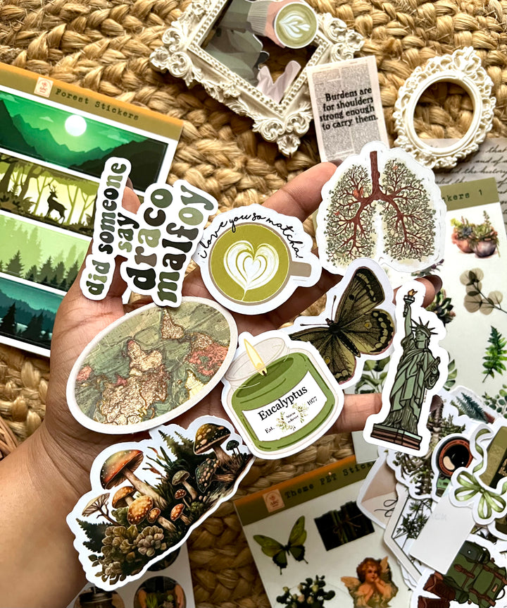 Green retro journaling kit with nature theme vintage stickers and paper by Shop ABC