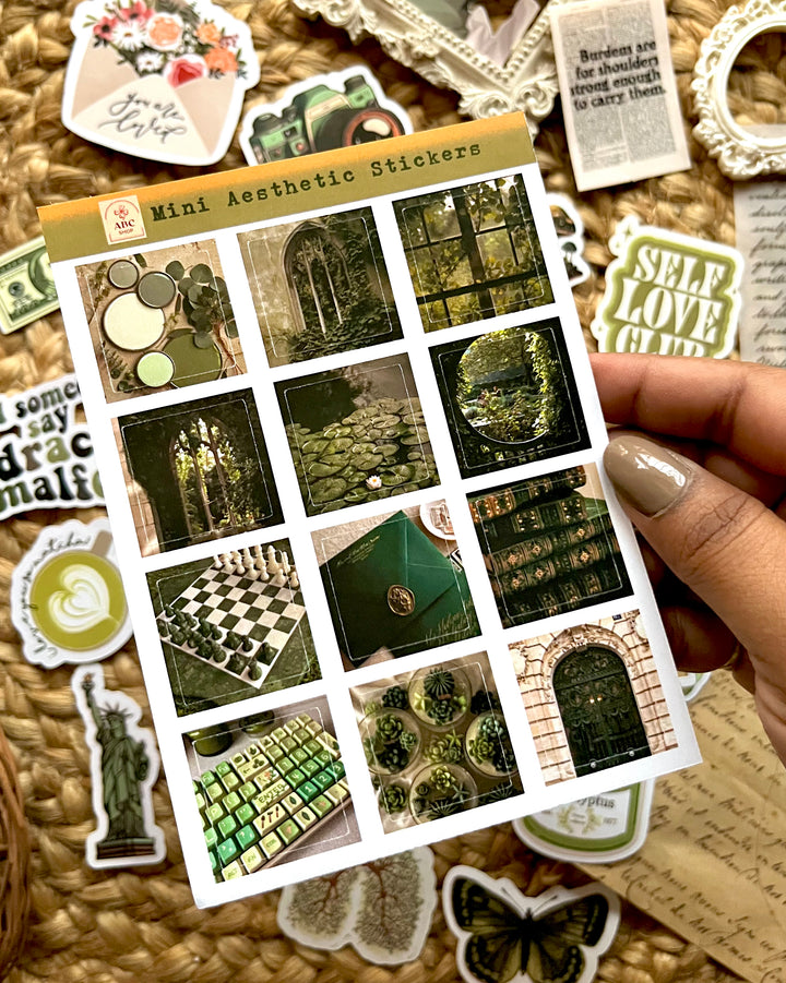 Green retro journaling kit with nature theme vintage stickers and paper by Shop ABC