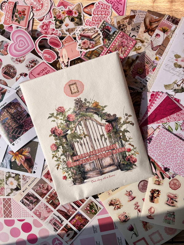 Pink retro aesthetic journaling kit with girly stickers and paper cutouts by Shop ABC